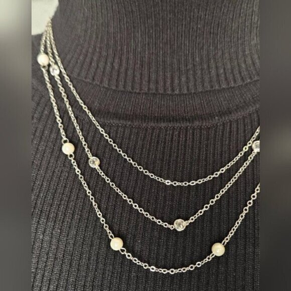 Silver Plated with Faux Pearls and Crystals 3 Layer Necklace - Picture 3 of 6
